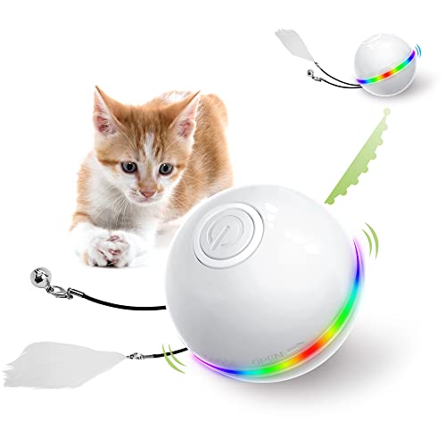 Interactive Cat Toy Ball with LED Light & Catnip,Ring Bell Feather Toy,Rolling Spinning Smart Pet Toys,Auto Rotating Intelligent Cat Ball Toy,USB Rechargeable Hunting Kitty Funny Chaser Roller (white) - white