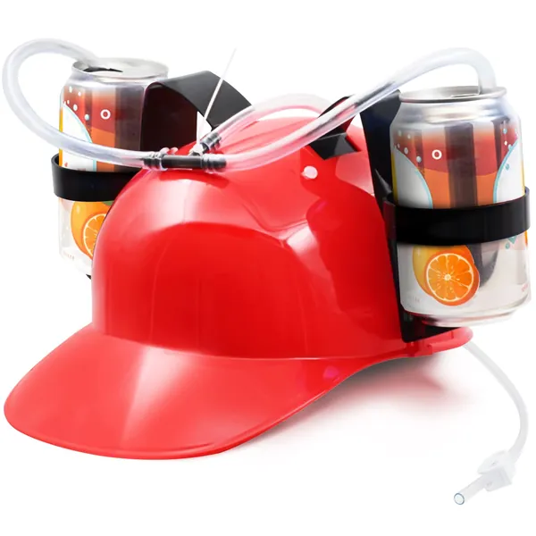 [Novelty Place] Drinking Helmet - Can Holder Drinker Hat Cap with Straw for Beer and Soda - Party Fun - Red