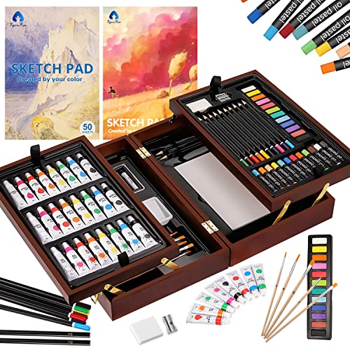 Art Supplies, Vigorfun Deluxe Wooden Art Set Crafts Drawing Painting Kit with 2 Sketch Pads, Oil Pastels, Acrylic, Watercolor Paints, Creative Gifts Box for Adults Artist Kids Teens Girls - 85 Piece Set