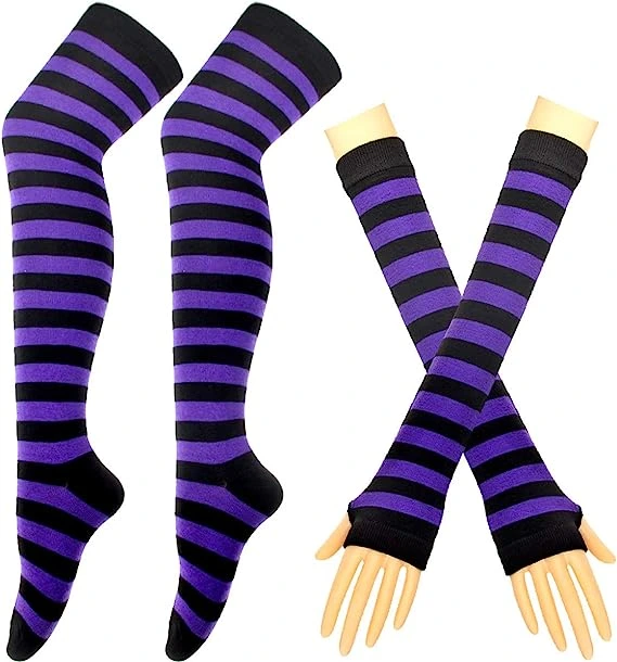Streep Lange Gebreide Handschoenen Knie Hoge Streep Sokken Leggings Party Kostuum Accessoire 2 Paar Set