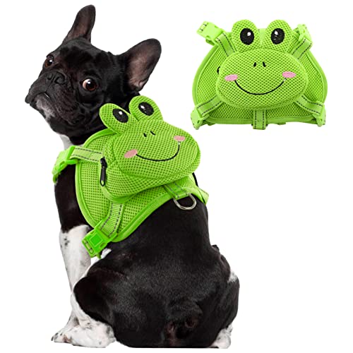 OUOBOB Dog Harness Backpack Cute Doggie Backpack Carrier for Small Medium Dogs, No Pull Dog Saddle Bag Pet Vest, Mesh Frog Self Bag with D-Ring for Puppy Outdoor Travel Hiking Adjustable Dog Bag - Medium - Green Frog
