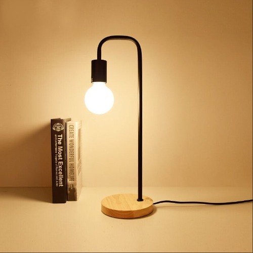 Curved Metal Desk Lamp - Black - Wood / Warm White / US
