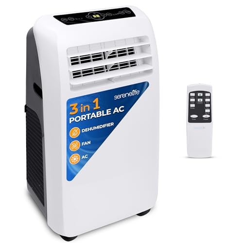 Serene Life Portable Electric Air Conditioner Unit-900W 10,000 BTU Power Plug-in AC Cold Indoor Room Conditioning System with Cooler, Dehumidifier, Fan, Exhaust Hose, Window Seal, Wheels, Remote - 10,000 BTU - White
