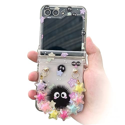 NXBNK for Galaxy Z Flip 5 Case, Soot Sprite Floral Hard Clear Phone Case for Samsung Galaxy Z Flip 5 2023 Plus a Free Phone Chain, Cartoon Flip Case for Girls Women - Soot Sprite - Soot-sprite