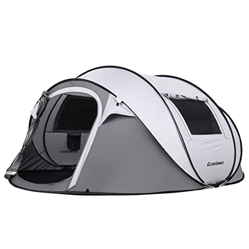 EchoSmile Instant Pop Up Camping Tent,4-6 Person Tent,Automatic Set Up Tent with 2 Ventilation Mesh Windows,Waterproof Sunshade Family Tent,Portable Lightweight Dome Tent for Outdoor Beach Camping,Hiking&Travel - White&Gray(4-6 People)