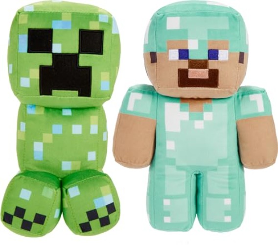 ​Minecraft Plush Figure 2-Pack, Steve in Diamond Armor & Charged Creeper Set with Pixelated Design