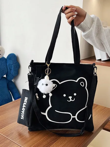 Canvas Bag Cartoon Print Tutorial Bag Shoulder Bag Crossbody Bag Large Capacity Backpack For Primary And Middle School Students,School Bag,Portable,Foldable,Large Capacity,For Teen Girls Women College Students,College,Middle School,High School,Outdoors,Travel,Outings,Work,Business,Commute,Office