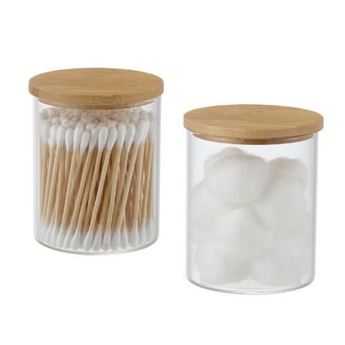 Glass Apothecary Jars, 2 Pack Qtip Holder Dispenser Glass Bathroom Vanity Jars Containers Organizer with Bamboo Lids for Cotton Balls Swabs Pads Rounds Q-tip Bath Salts - Glass 2-pack