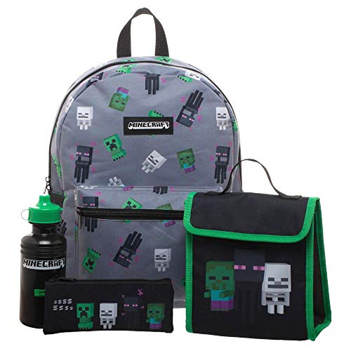 Minecraft Kids Backpack 4 Piece Set, Grey, One Size, Rucksack Backpacks
