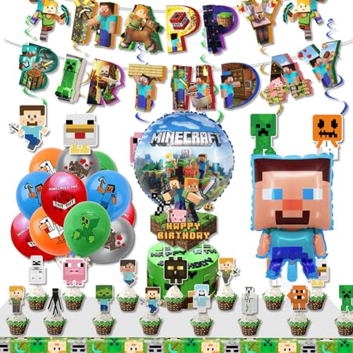 Pixel Game Birthday Party Supplies,Game Party Supplies,49Pcs Pixel Game Birthday Decorations ,Include Banner, Backdrop, Tableware, Cake Toppers, Balloons, Hanging Swirls, Pixel Style Decorations (1) - 1