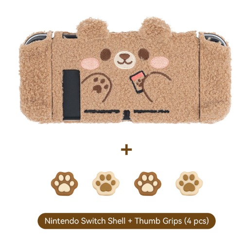 Teddy Bear Cozy Plush Switch Case with Optional Joycon Grips - Cover & Brown Grips