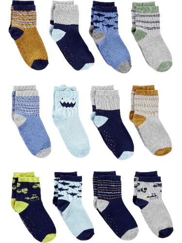 Simple Joys by Carter's boys 12-pack Sock Crew - 2-3T Grey/Blue/Teal Blue, Sharks/Monster