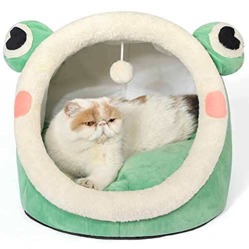 Jiupety Cute Cat Bed, Indoor Lovely Crystal Velvet Igloo for Cat and Small Dog, Warm Cave Sleeping Nest Bed for Puppy and Kitten, Green Frog, L. - Large - Green