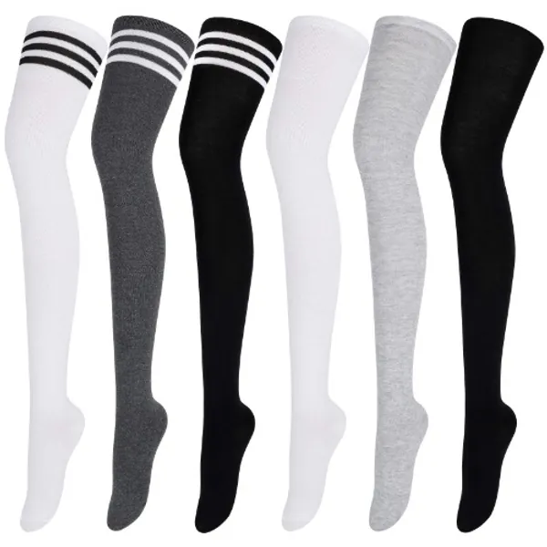 Aneco 6 Pairs Extra Long Socks Long Boot Stockings Thigh High Socks for Women - Black,white,dark Gray Stripes Colors,pure Colors