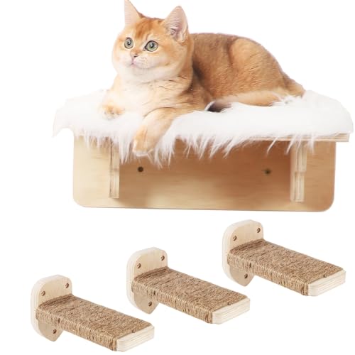 COOLEX Cat Wall Shelves, Cat Shelves for Wall, Cat Wall Furniture, Cat Shelf with 3 Steps Scratcher Post, Cat Tree Hammock with Plush Wall Mounted, Climbing Shelf Wall Mount for Indoor Cats (Wood) - Wood (1 Cat Rectangle Shelf+1 Cushion+3 Steps)