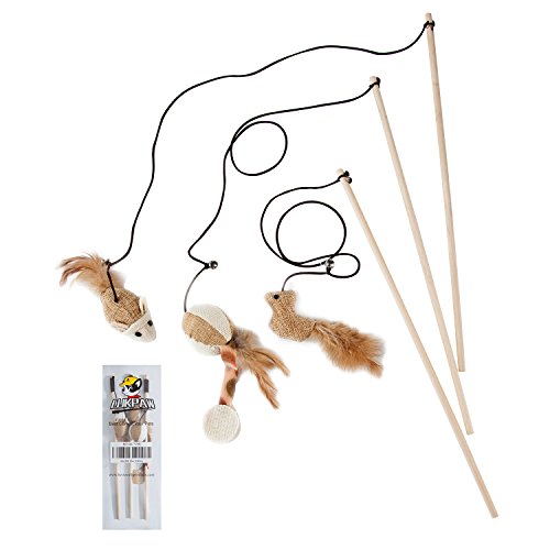 LukPaw Cat Teaser Cat Kitten Toys Set Natural Sisal Wand Teasers with Mouse, Bell, Feather, Elastic String, and Sturdy Wood Rod - 3 PCS