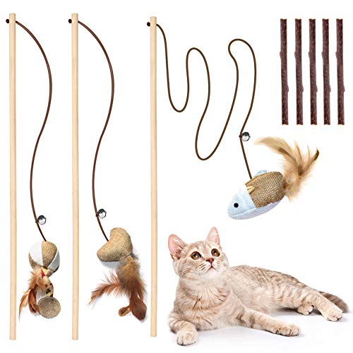 Cat Toys for Indoor Cats, 3pcs 16 Inch Natural Wood Cat Teaser Wand Toy with Teaser Refills for Cat Kitten Having Fun Exerciser Playing, Bonus 5pcs Catnip Sticks for Cat Teeth Cleaning - Linen