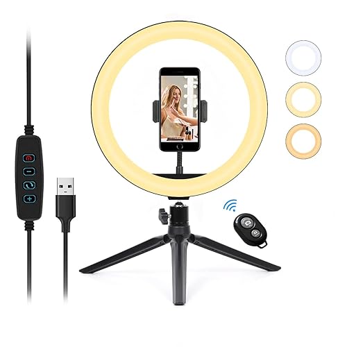 LED Ring Light - 10 Inch Dimmable Ring Light with Tripod Stand &Bluetooth Selfie, 3 Colors&10 Brightness Selfie Ring Light for YouTube Video Makeup Selfie, Black, 10.5 x 10.5 x 1.5 inches