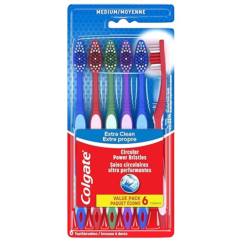 Colgate Extra Clean Toothbrush, Medium Bulk Toothbrush Pack, Adult Medium Bristle Toothbrushes with Ergonomic Handle and Circular Cleaning Bristles, Helps Remove Surface Stains, 6 Pack - 6 Count (Pack of 1) - Medium