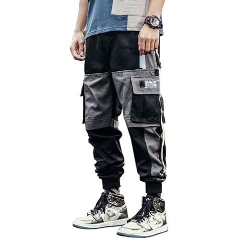 Astellarie Mens Punk Cargo Pants Hip-hop Jogger Patchwork Popular Baggy Teachwear Pants - 24-26 Inch Whitepocket