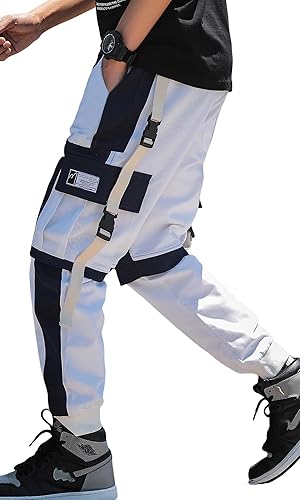 Ambcol Men's Jogger Pants Techwear Hip Hop Harem Pants Streetwear Tactical Track Pants with Drawstring - Small - Black-white