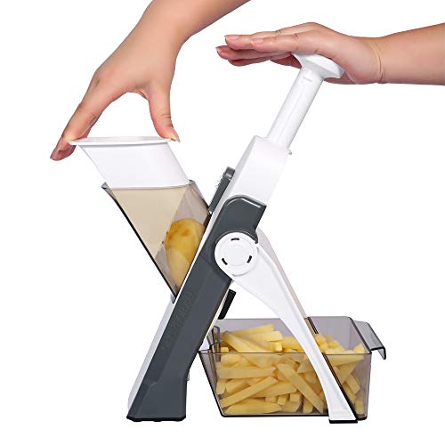 ONCE FOR ALL Safe Mandoline Slicer 5 in 1 Vegetable Chopper Food Potato Cutter, Strips Julienne Dicer Adjustable Thickness 0.1-8 mm Kitchen Chopping Artifact Fast Meal Prep (Gray) - Gray