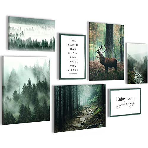 Novart Wandbilder Wald Hirsch - KOMPLETT AUFHÄNGFERTIG - Natur Grün Wohnzimmer Schlafzimmer- 7 Moderne Mood-Bilder - N004671a - 100 x 70 cm - The Earth