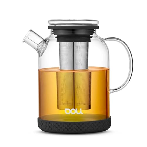 Doli 1,5L Teekanne Glas mit Siebeinsatz Black - Langes Edelstahl Sieb für pures Aroma - für heiße & kalte Getränke - Spülmaschinenfest - BPA-frei - Black