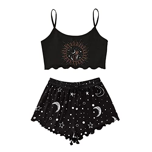 NC Cute Pajama Set for Women - Summer Graphic Printed Cami Top and Shorts Pajamas Set 2 Piece Crop Camisole Lounge Wear - XL - Black