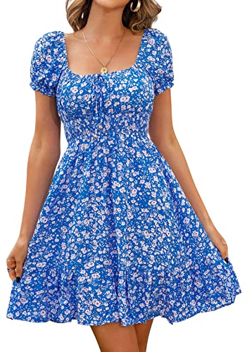 Livonmone Womens Summer Casual Sweetheart Neckline Puff Sleeve Floral Print High Waist Dress Boho Beach Mini Short Dresses - Blue - XL