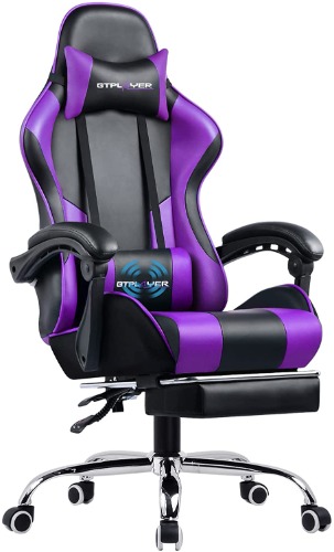 GTPLAYER Gaming Chair, Computer Chair with Footrest and Lumbar Support, Height Adjustable Game Chair with 360°-Swivel Seat and Headrest and for Gaming (Purple) - Purple