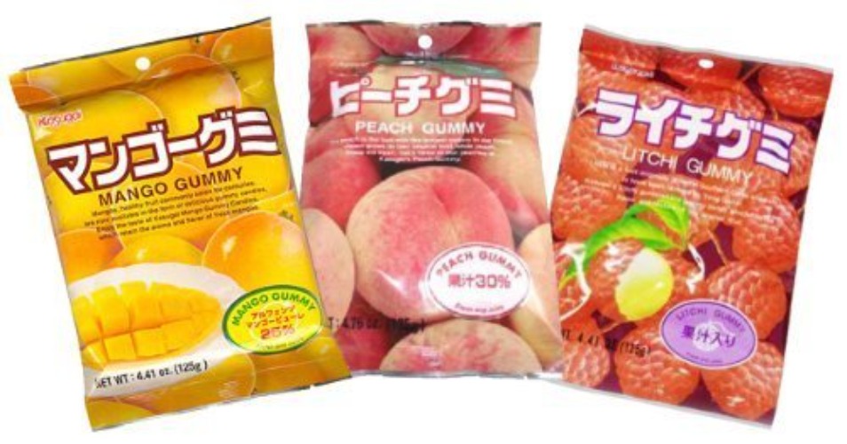 Japanese Fruit Gummy Tripak Sampler - Mango, White Peach, Litchi (Lychee) by Kasugai