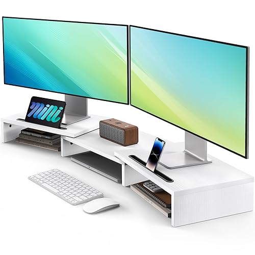 AMERIERGO Dual Monitor Stand Riser- 3 Shelf Screen Stand with Adjustable Length and Angle, 2 Extra Functional Slot Desktop Organizer Stand for PC, Computer, Laptop (White) - White