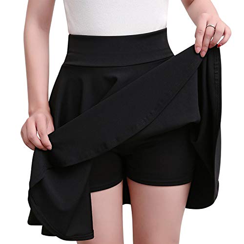 Womens High Waisted A-line Pleated Mini Skater Skirt Solid Color Casual Flared Ruffle Skorts - 14 - Black