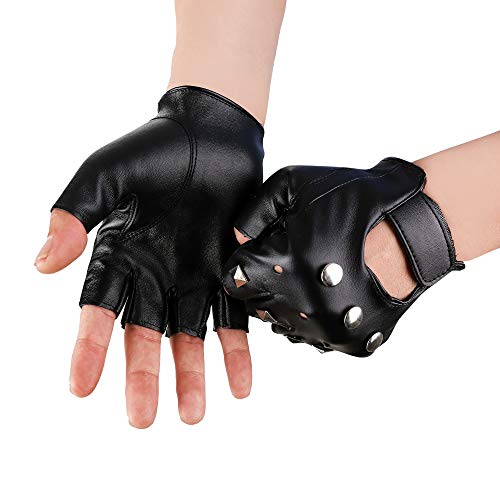 JISEN Men PU leather Gloves Steampunk Gothic Half Finger Hook-Loop Mittens - Black