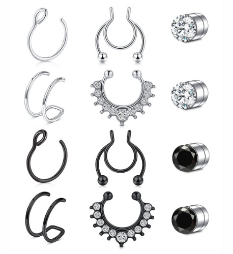 MODRSA Fake Nose Ring Fake Septum Fake Nose Rings Fake Nose Hoop Fake Nose Rings for Women Fake Nose Piercing Fake Septum Ring Fake Septum Piercing Faux Nose Rings Fake Lip Ring Fake Helix Earring - A22-silver+black