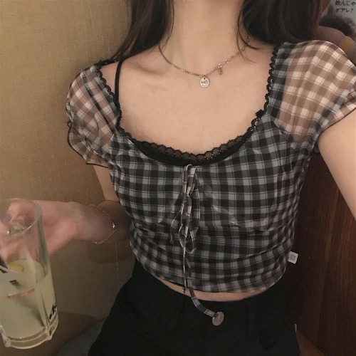 'Stunner' Plaid Blouse Top - black / S
