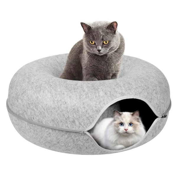 Cat Tunnel Bed , Cat Cave Bed ，Beds for Indoor Cats - Large Cat House for Pet Cat Cave ，Detachable Round Felt & Washable Interior Cat Play Tunnel for Small Pets (24 Inch, Light Grey)