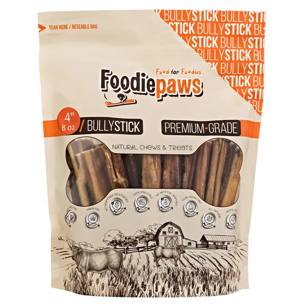 FOODIEPAWS All Natural 4-inch Bully Sticks Odor Free USA Packed for Small, Medium Dogs-100% Free-Range Grass-Fed Beef–Single Ingredient Grain & Rawhide Free-Longer Lasting Dental Dog Chews (8oz)