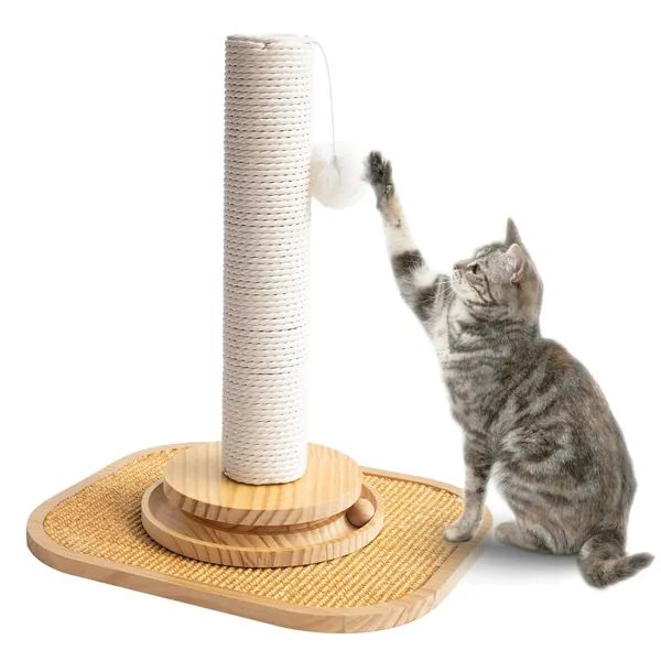 PLUROOF Cat Scratching Post, Cat Scratcher, 4-in-1 Premium Sisal Scratching Pad and Paper Rope Scratching Post with Interactive Track Toys and Dangling Plush Ball for Indoor Cats