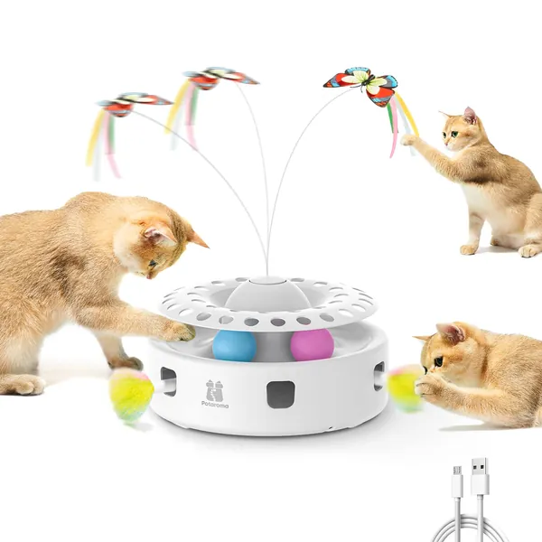 Potaroma Cat Toys 3-in-1 Smart Interactive Kitten Toy, Fluttering Butterfly, Random Moving Ambush Feather, Catnip Bell Track Balls, Dual Power Supplies, Indoor Exercise Cat Kicker (Bright White)