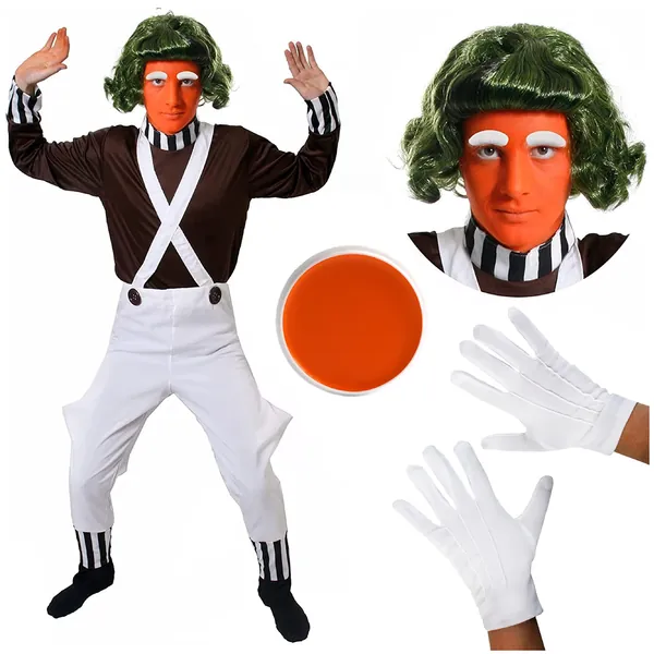 Adults Chocolate Factory Worker Fancy Dress Costume - Book Week Character Brown Top - White Dungarees - Wig - Gloves - Eyebrows - Facepaint Unisex - Complete Costume With All Accessories
