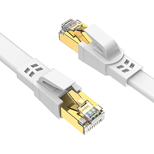 Ercielook CAT8 Ethernet Cable 1m, High Speed Shielded Flat Internet Cable, Weatherproof S/FTP UV Resistant for Router/Gaming/Modem - White - 1m - White