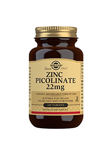 Solgar Zinc Picolinate 22 Mg Tablets - Pack of 100 - Healthy skin, hair and nails - Highly absorbable premium form, Easy to Swallow - Vegan