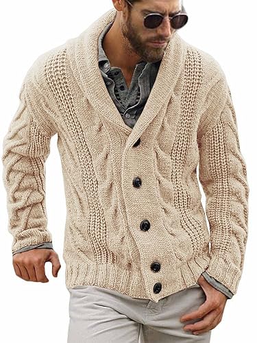 Mens Cable Knit Cardigan Sweater Shawl Collar Loose Fit Long Sleeve Casual Cardigans - Large - Beige