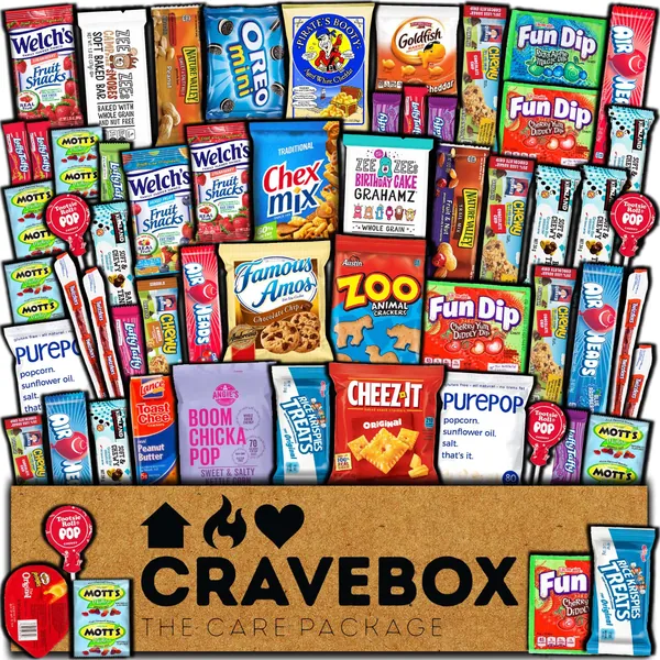 CRAVEBOX Snack Box Variety Pack Care Package (60 Count) Back to School Gift Basket Stuffers Kids Teens Grandchildren Men Women Adults Candy Food Cookies Chips Arrangement Mix College Student Sampler Office - 60 Piece Set