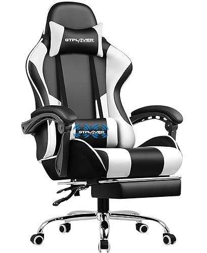 GTPLAYER Gaming Chair, Computer Chair with Footrest and Lumbar Support, Height Adjustable Game Chair with 360°-Swivel Seat and Headrest and for Office or Gaming (White) - White - Faux Leather