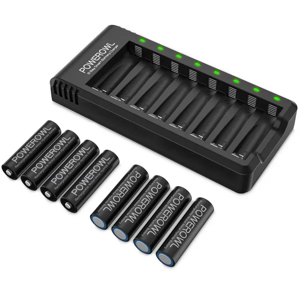 Rechargeable AA Batteries with Charger, POWEROWL 8 Pack of 2800mAh High Capacity Low Self Discharge Ni-MH Double A Batteries with Smart 8 Bay Battery Charger (USB Fast Charging, Independent Slot) - 8 pack