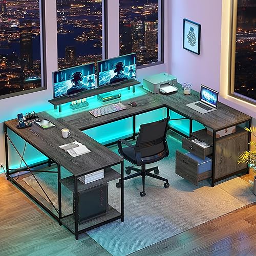 DWVO U Shaped Desk with Drawers, 79" Reversible L Shaped Desk with Power Outlets & LED Lights, Corner Computer Desk with Monitor Stand & Storage Shelves, Grey - Grey