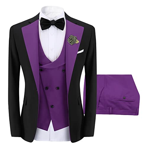 Sliktaa Mens 3 Pieces Suit One Button Slim Fit Formal Wedding Dinner Suit Blazer Waistcoat and Trousers Multicolour - L - Purple